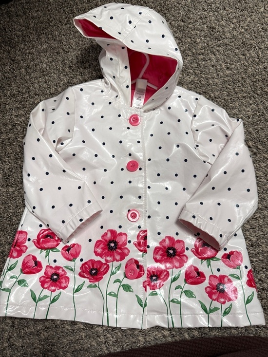 Other - Girls White Polka Dot Raincoat with Pink Floral Hem